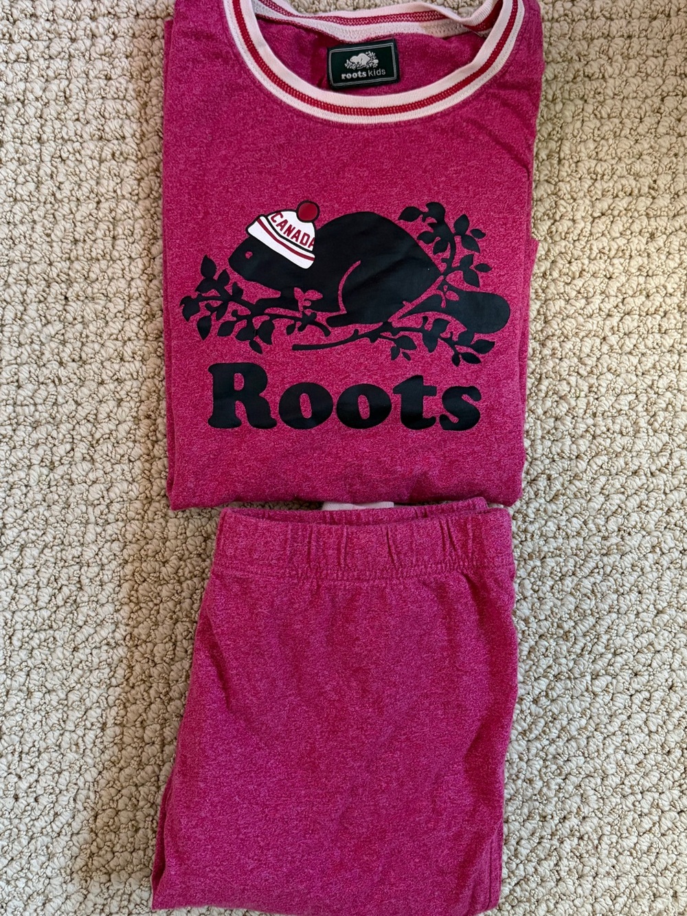 Roots Kids Pink Red Burgundy Pajama Set with Beaver Logo